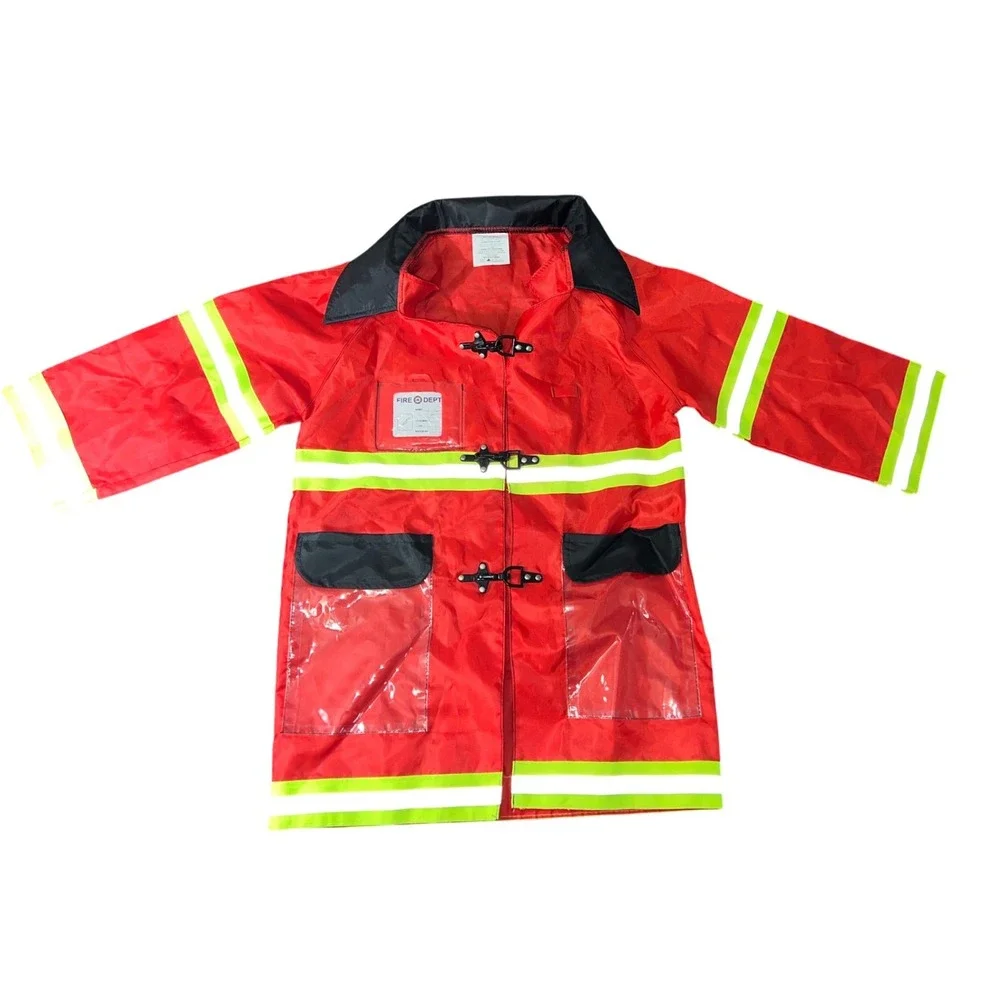 Kids Firefighter Costume Jacket Role Play Red Reflective Stripes Fire Dept Badge